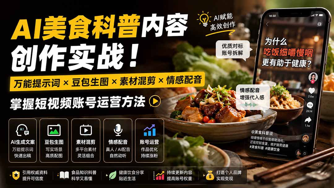 外面卖199元-AI美食科普内容创作实战！万能提示词×豆包生图×素材混剪×情感配音，掌握短视频账号运营方法-985网创