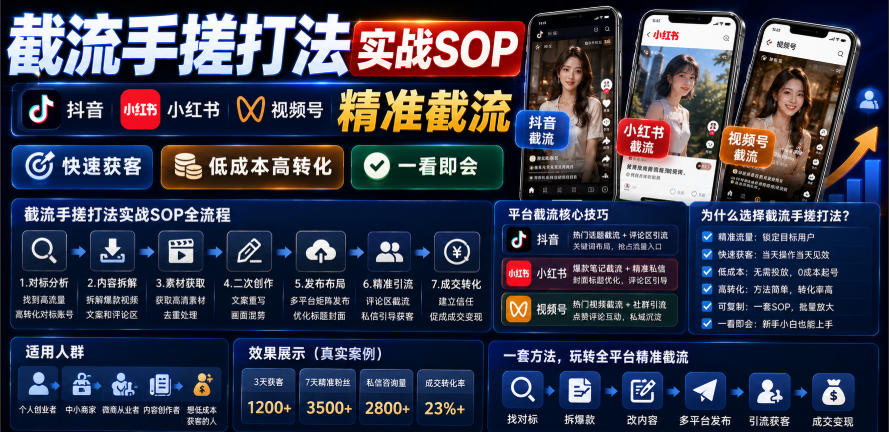 截流手搓打法实战SOP，抖音小红书视频号精准截流，快速获客，低成本高转化，一看即会-985网创