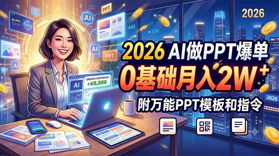 （19284期）2026 AI做PPT爆单，0基础月入2W，附万能PPT模板和指令-985网创