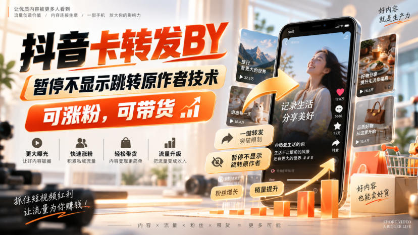 抖音卡转发搬运，暂停不显示跳转原作者技术，可涨粉，可带货-985网创