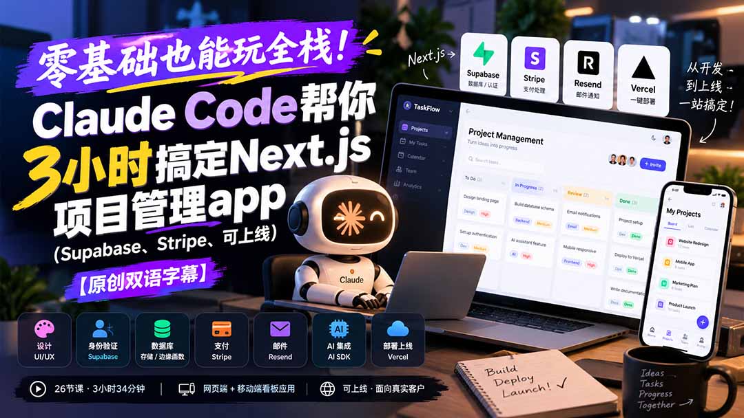 零基础也能玩全栈！Claude Code帮你3小时搞定Next.js项目管理app(Supabase、Stripe、可上线-985网创