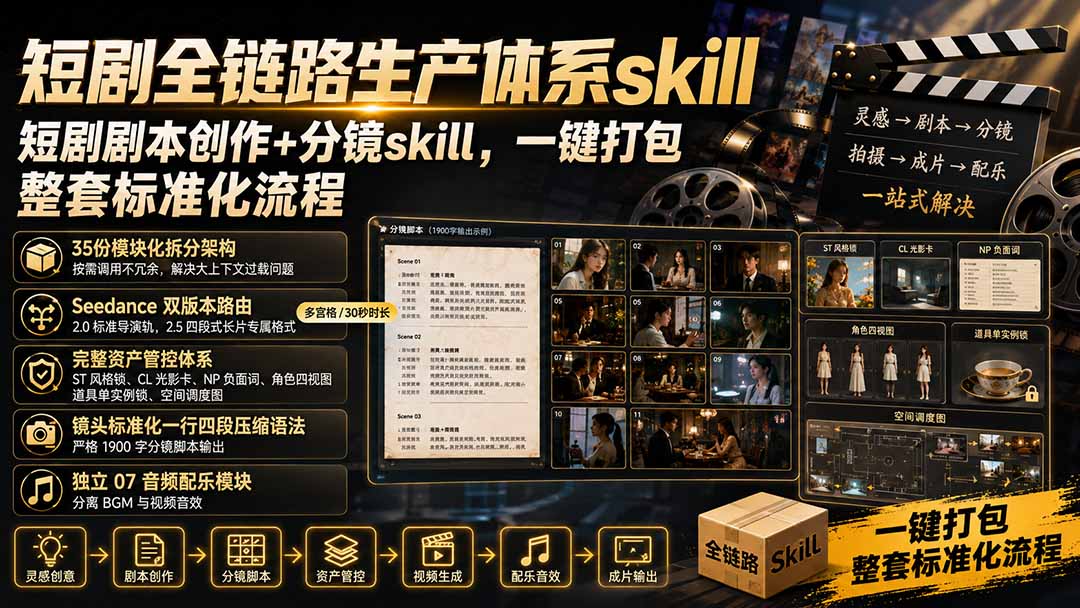 短剧全链路生产体系skill，短剧剧本创作+分镜skill，一键打包，整套标准化流程-985网创