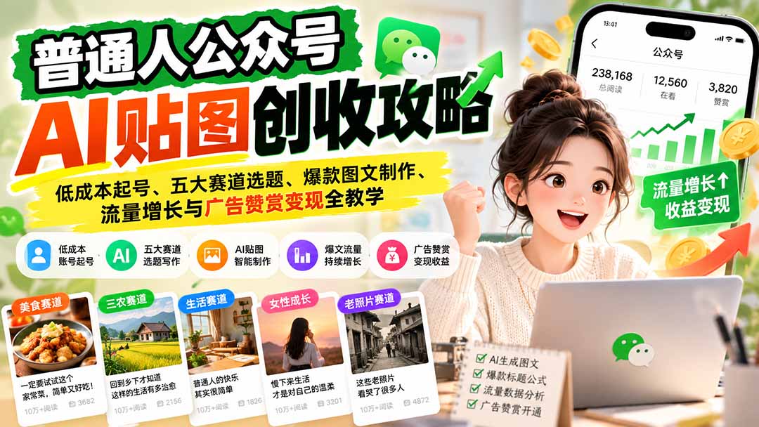 普通人公众号AI贴图创收攻略：低成本起号、五大赛道选题、爆款图文制作、流量增长与广告赞赏变现全教学-985网创