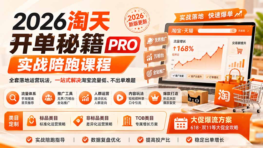 2026淘天开单秘籍PRO实战陪跑课程：全套落地运营玩法，一站式解决淘宝流量低、不出单难题(更新260823-985网创
