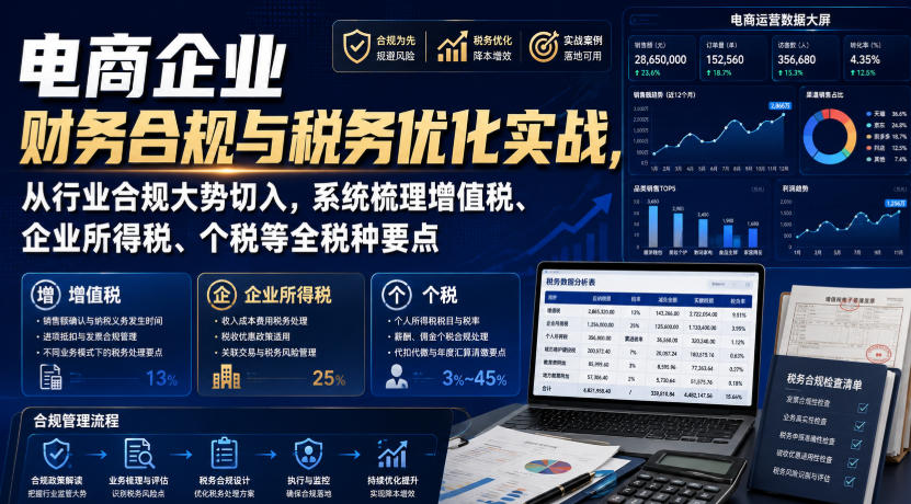 电商企业财务合规与税务优化实战，从行业合规大势切入，系统梳理增值税、企业所得税、个税等全税种要点-985网创