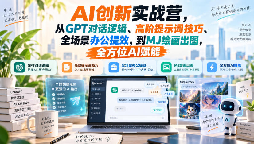 AI创新实战营，从GPT对话逻辑、高阶提示词技巧、全场景办公提效，到MJ绘画出图，全方位AI赋能-985网创
