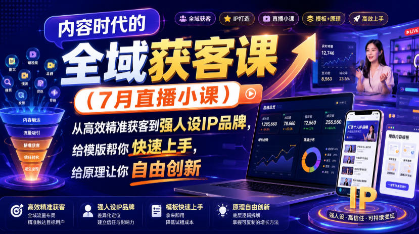 内容时代的全域获客课（7月直播小课），从高效精准获客到强人设IP品牌，给模版帮你快速上手，给原理让你自由创新-985网创