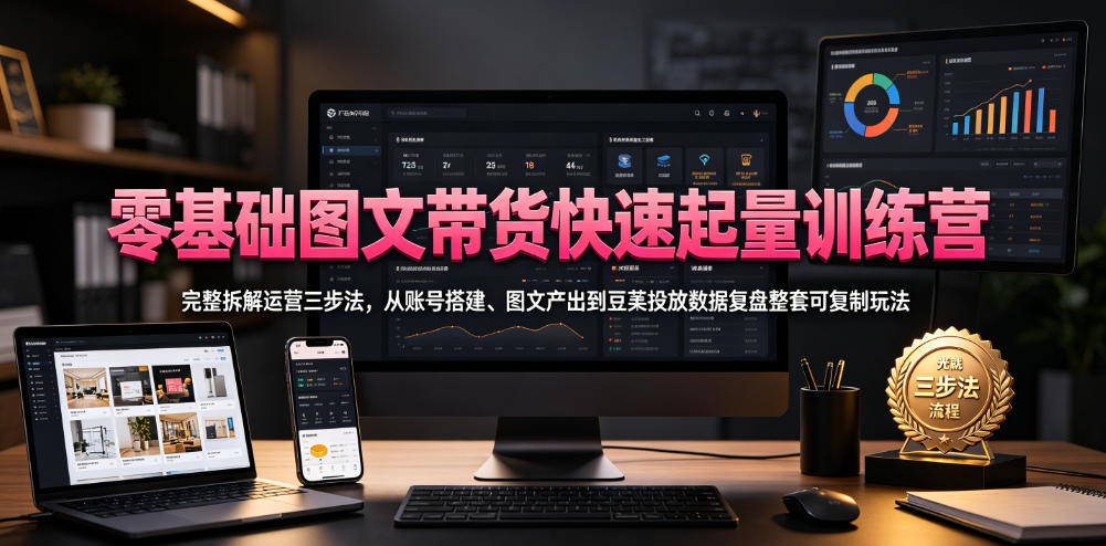 零基础图文带货快速起量训练营，完整拆解运营三步法，从账号搭建、图文产出到豆荚投放数据复盘整套可复制玩法-985网创