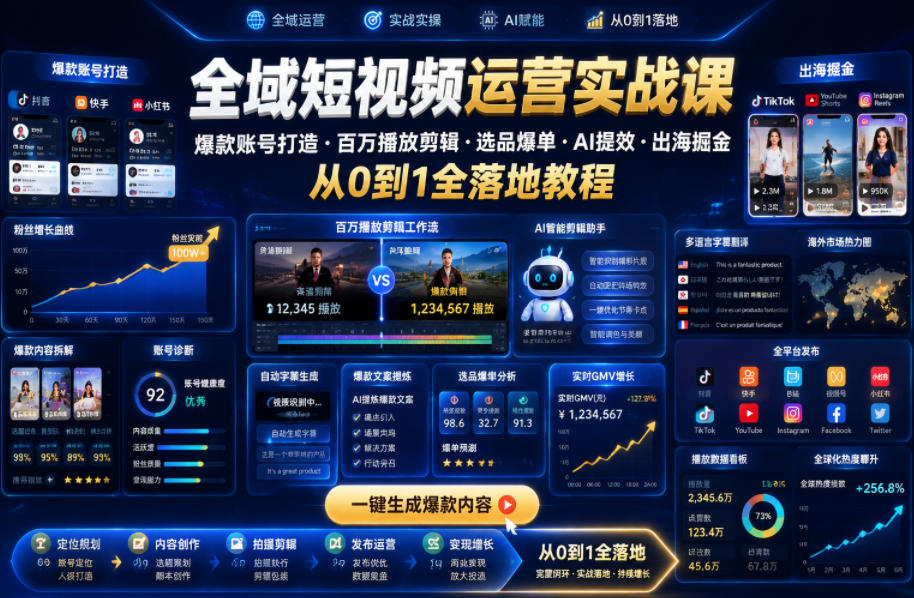 全域短视频运营实战课，爆款账号打造・百万播放剪辑・选品爆单・AI提效・出海掘金，从0到1全落地教程-985网创
