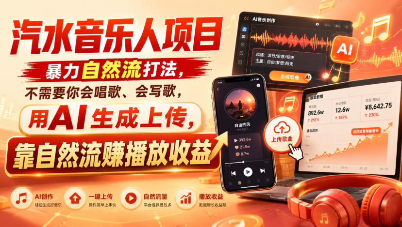 汽水音乐人项目，暴力自然流打法，不需要你会唱歌、会写歌，用AI生成上传，靠自然流賺播放收益-985网创