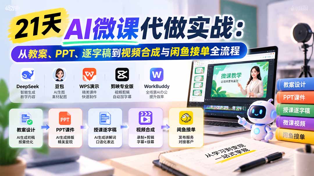21天AI微课代做实战：从教案、PPT、逐字稿到视频合成与闲鱼接单全流程-985网创