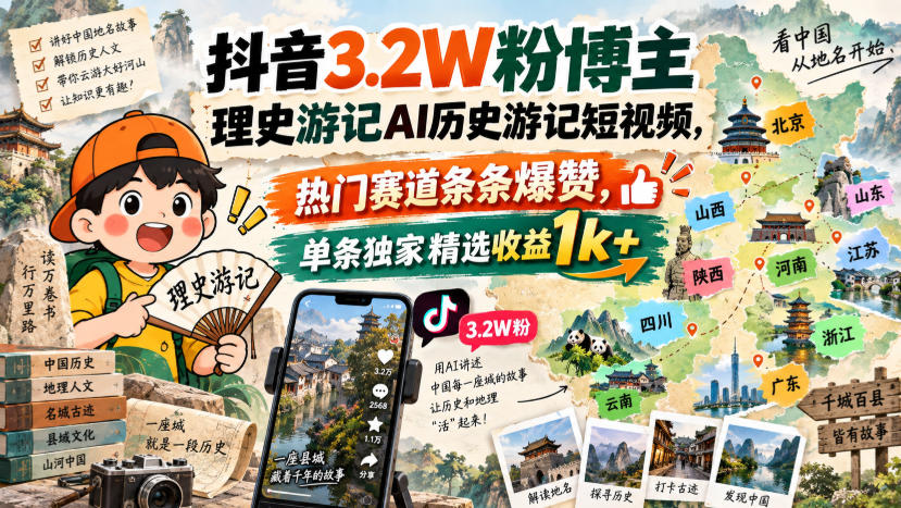 抖音3.2W粉博主理史游记AI历史游记短视频教学，热门赛道条条爆赞，单条独家精选收益1k+-985网创