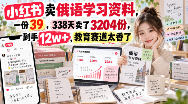 小红书卖俄语学习资料，一份39，338天卖了3204份，到手12w+，教育赛道太香了-985网创