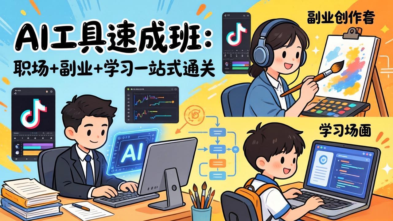 AI工具速成班：职场+副业+学习一站式通关，20+爆款类型+剪映技巧+抖音算法，0基础快速上手-985网创