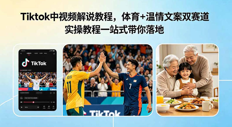 Tiktok中视频解说教程，体育+温情文案双赛道实操教程一站式带你落地，教你出海賺美刀-985网创