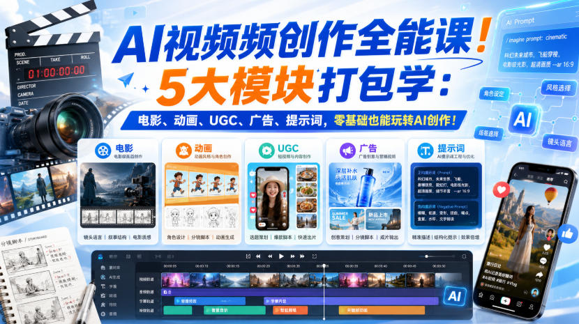 AI视频频创作全能课！5大模块打包学：电影、动画、UGC、广告、提示词，零基础也能玩转AI创作！【原创双语字幕】-985网创