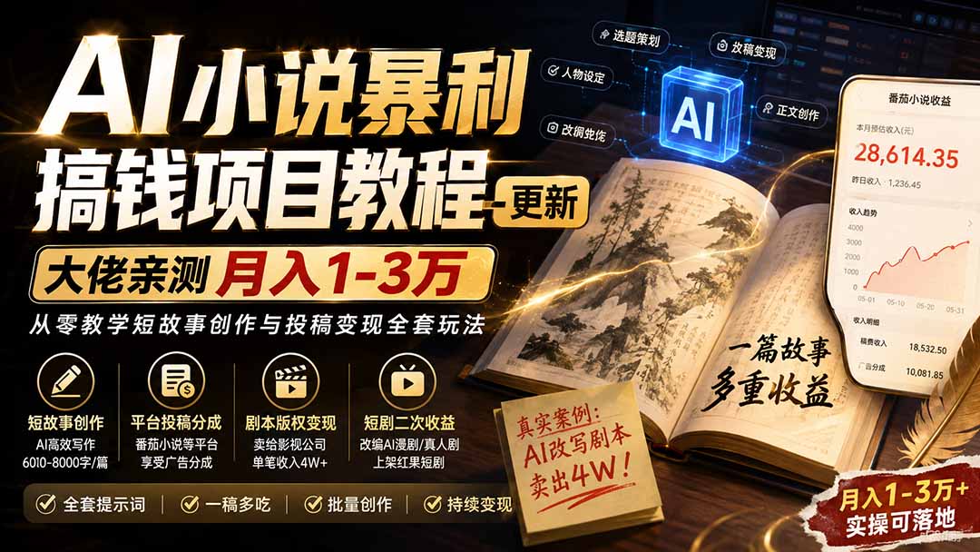 AI小说短故事暴利搞钱项目教程-更新，大佬亲测月入1-3万，从零教学短故事创作与投稿变现全套玩法-985网创