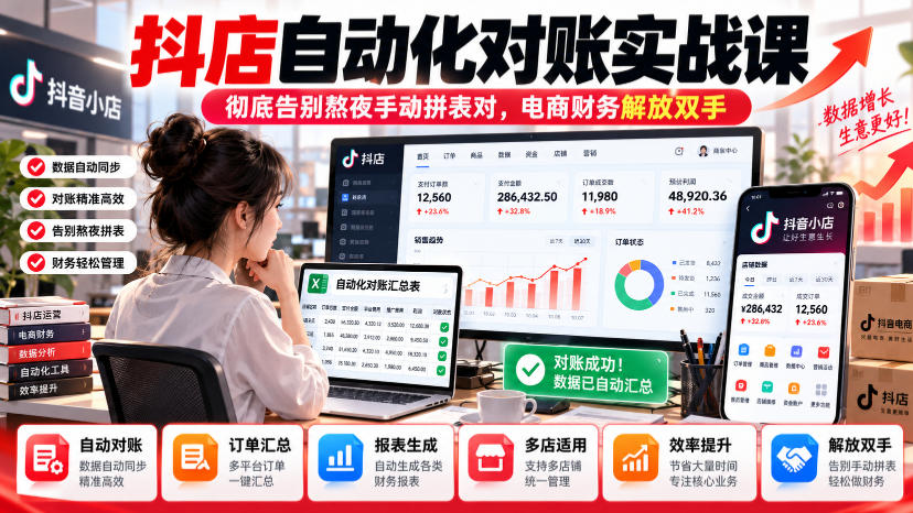 抖店自动化对账实战课，彻底告别熬夜手动拼表对，账电商财务解放双手-985网创
