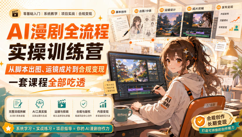 AI漫剧全流程实操训练营，从脚本出图、运镜成片到合规变现，一套课程全部吃透-985网创