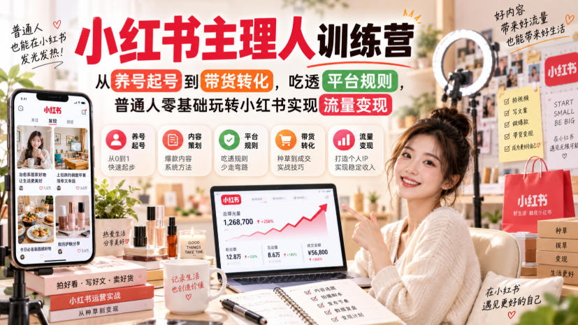 小红书主理人训练营，从养号起号到带货转化，吃透平台规则，普通人零基础玩转小红书实现流量变现-985网创