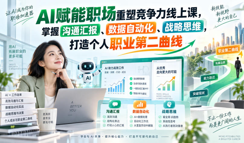 AI赋能职场重塑竞争力线上课，掌握沟通汇报、数据自动化、战略思维，打造个人职业第二曲线-985网创