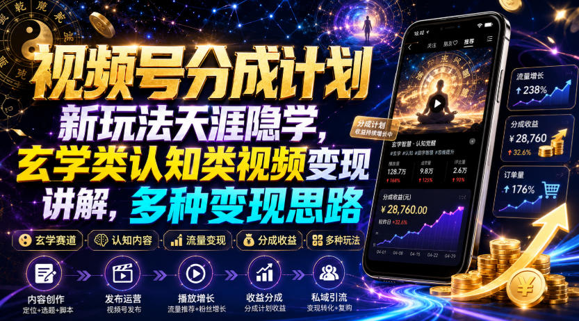 视频号分成计划新玩法天涯隐学，玄学类认知类视频变现讲解，多种变现思路-985网创