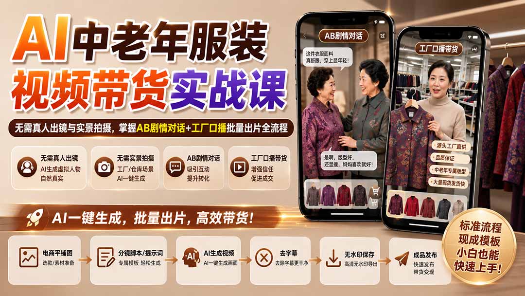 AI中老年服装视频带货实战课：无需真人出镜与实景拍摄，掌握AB剧情对话+工厂口播批量出片全流程-985网创