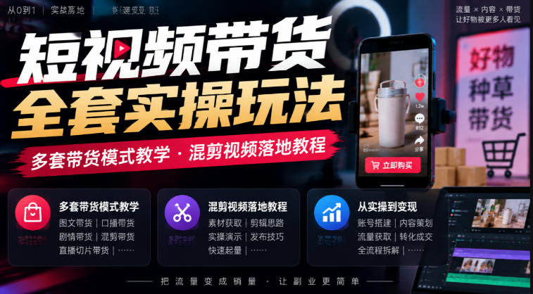 短视频带货全套实操玩法，多套带货模式教学，混剪视频落地教程-985网创