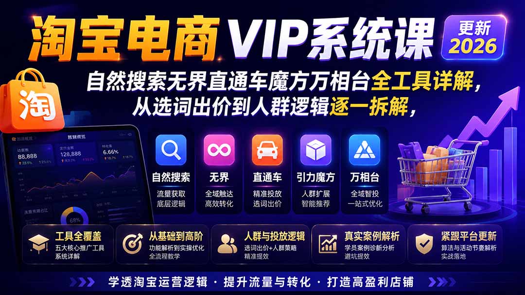 淘宝电商VIP系统课-更新8月；自然搜索无界直通车魔方万相台全工具详解，从选词出价到人群逻辑逐一拆解-985网创