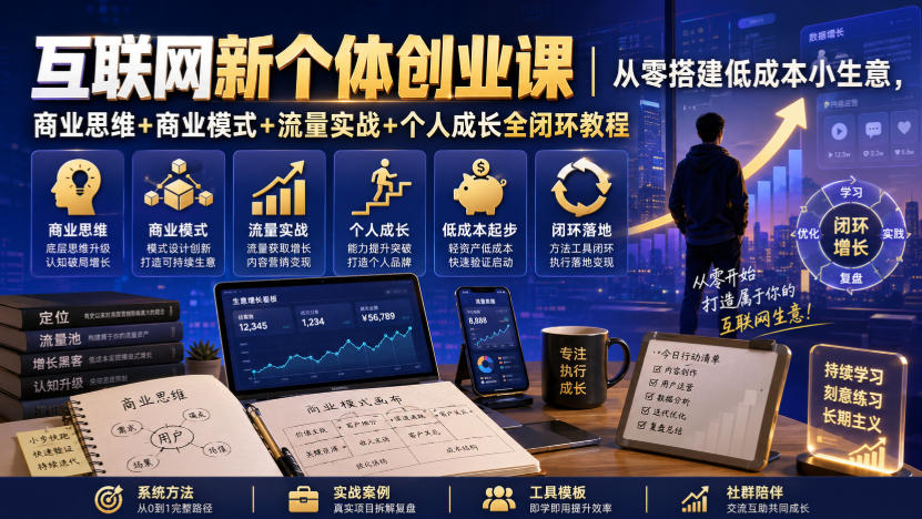 互联网新个体创业课｜从零搭建低成本小生意，商业思维+商业模式+流量实战+个人成长全闭环教程-985网创