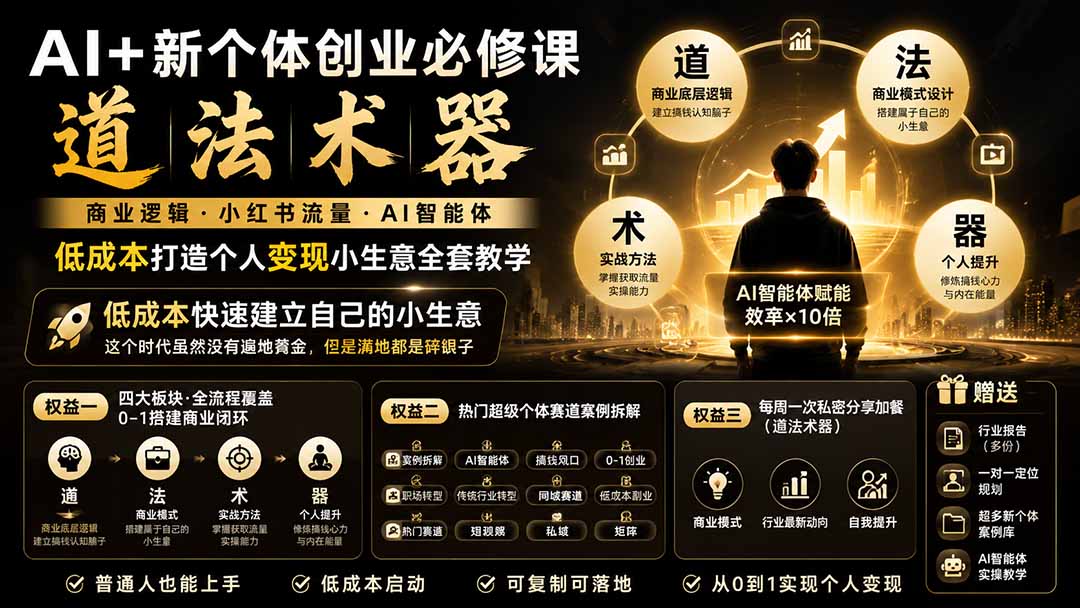 AI+新个体创业必修课｜道法术器｜商业逻辑·小红书流量·AI智能体｜低成本打造个人变现小生意全套教学-985网创