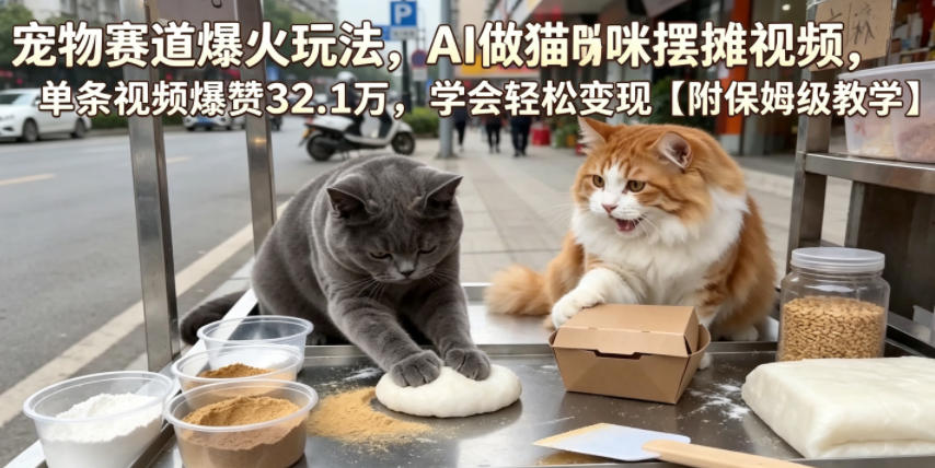 宠物赛道爆火玩法，AI做猫咪摆摊视频，单条视频爆赞32.1万，学会轻松变现【附保姆级教学】-985网创