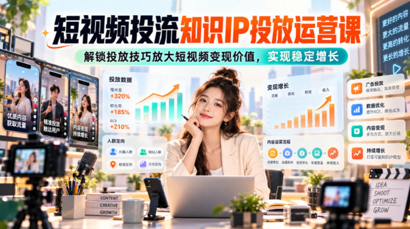 短视频投流知识IP投放运营课，解锁投放技巧放大短视频变现价值，实现稳定增长-985网创
