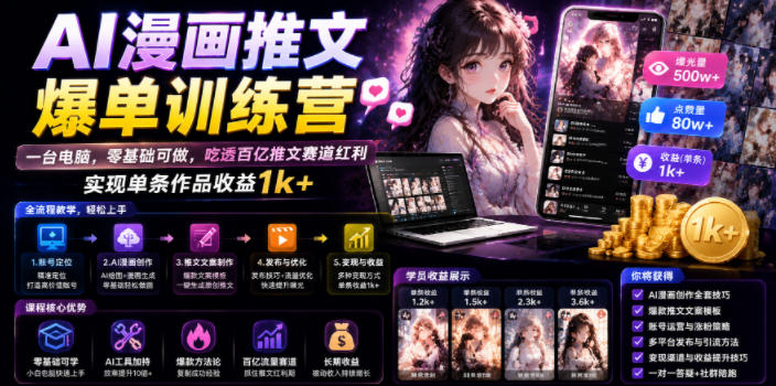 AI漫画推文爆单训练营，一台电脑，零基础可做，吃透百亿推文赛道红利，实现单条作品收益1k+-985网创