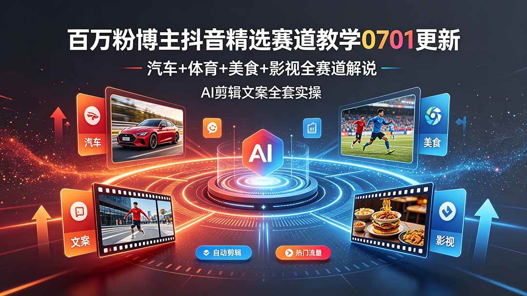 （19144期）百万粉博主抖音精选赛道教学-0701更新，汽车+体育+美食+影视全赛道解说，AI剪辑文案全套实操-985网创