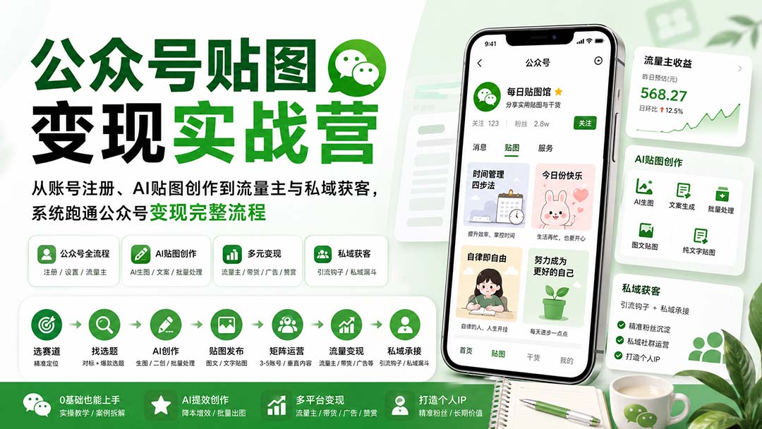 公众号贴图变现实战营：从账号注册、AI贴图创作到流量主与私域获客，系统跑通公众号变现完整流程-985网创