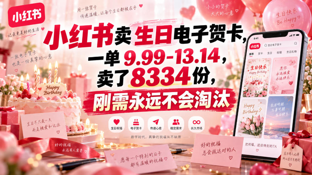 小红书卖生日电子贺卡，一单9.99-13.14，卖了8334份，刚需永远不会淘汰-985网创