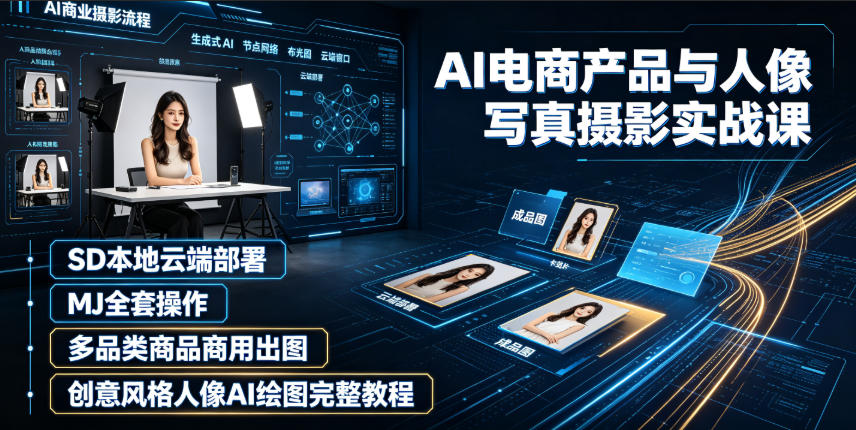 AI电商产品与人像写真摄影实战课｜SD本地云端部署、MJ全套操作、多品类商品商用出图、创意风格人像AI绘图完整教程-985网创