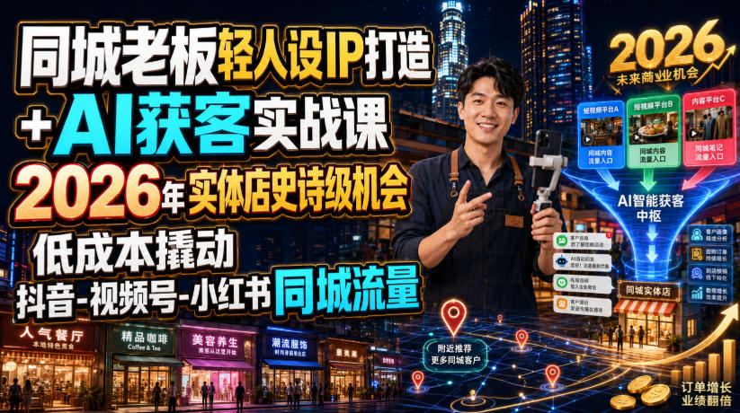 同城老板轻人设IP打造+AI获客实战课，2026年实体店史诗级机会，低成本撬动抖音-视频号-小红书同城流量-985网创
