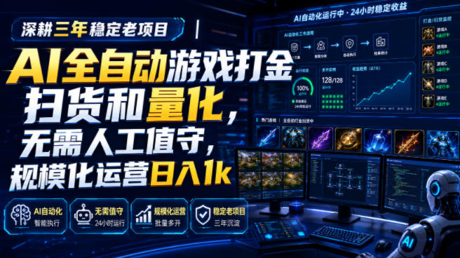全自动游戏打金和皮肤扫货，规模化运营日入10张，深耕三年稳定老项目！-985网创