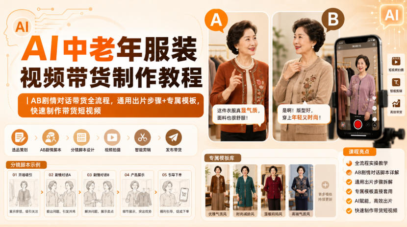 AI中老年服装视频带货制作教程｜AB剧情对话带货全流程，通用出片步骤+专属模板，快速制作带货短视频-985网创
