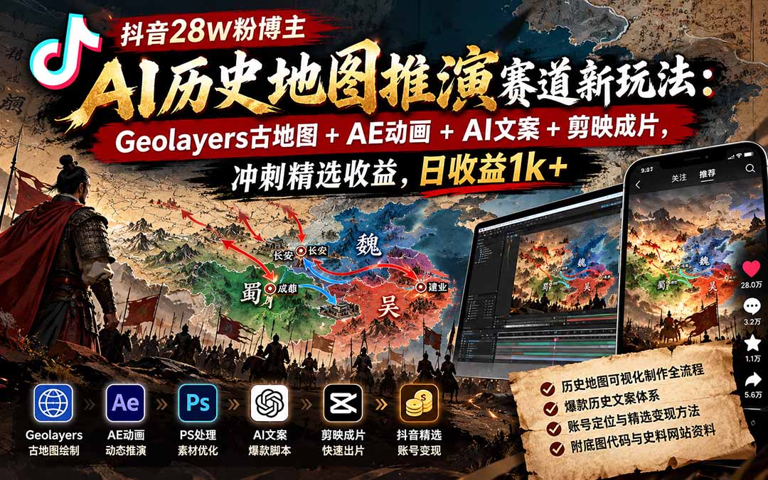 抖音28W粉博主AI历史地图推演赛道新玩法：Geolayers古地图+AE动画+AI文案+剪映成片，冲刺精选收益，日收益1k+-985网创