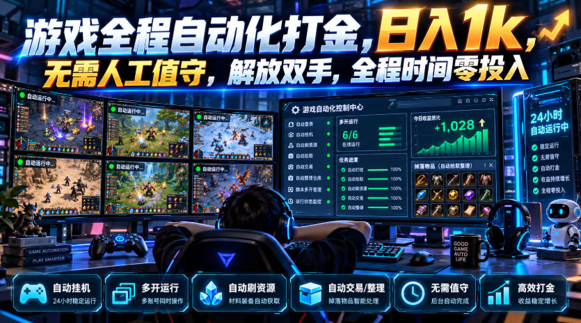 游戏全程自动化打金，日入1k，无需人工值守，解放双手，全程时间零投入【揭秘】-985网创