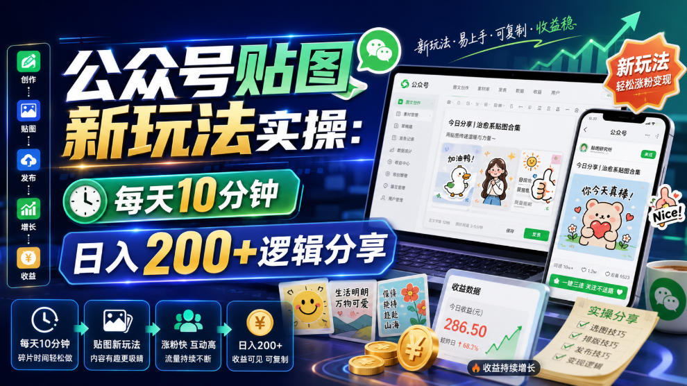 公众号贴图新玩法实操，每天10分钟，日入200+逻辑分享-985网创