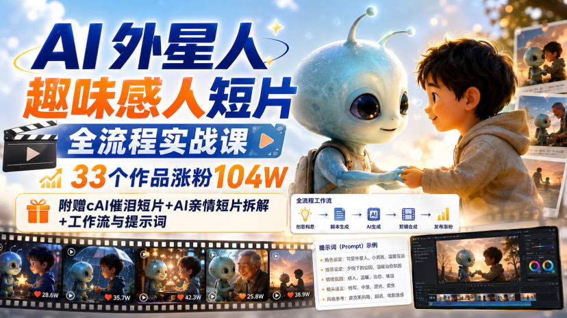 AI外星人趣味感人短片全流程实战课，33个作品涨粉104W，附赠AI催泪短片+AI亲情短片拆解+工作流与提示词-985网创