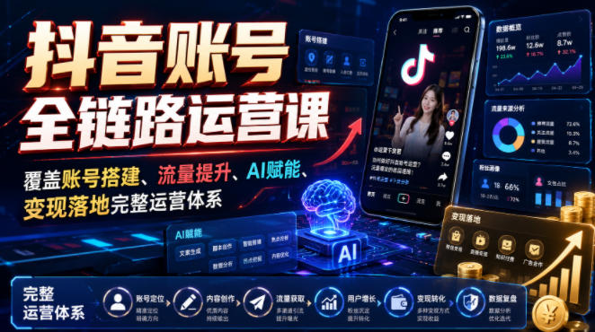 抖音账号全链路运营课，覆盖账号搭建、流量提升、AI赋能、变现落地完整运营体系-985网创