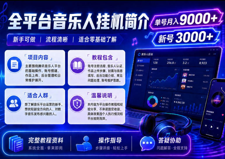 全平台音乐类挂G，单机单号月入9000+，可矩阵，可工作室放大操作【揭秘】-985网创