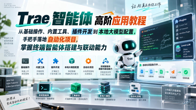Trae智能体高阶应用教程，从基础操作、内置工具、插件开发到本地大模型配置，手把手落地自动化项目-985网创