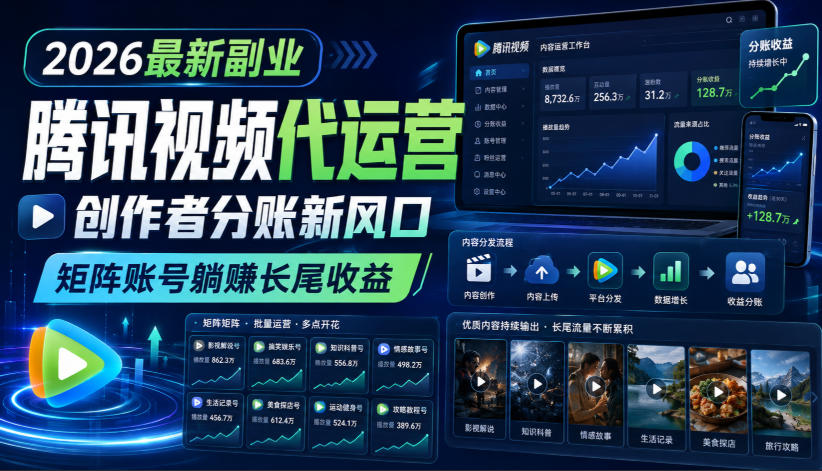 2026最新副业之腾讯视频代运营：创作者分账新风口，矩阵账号躺賺长尾收益【揭秘】-985网创