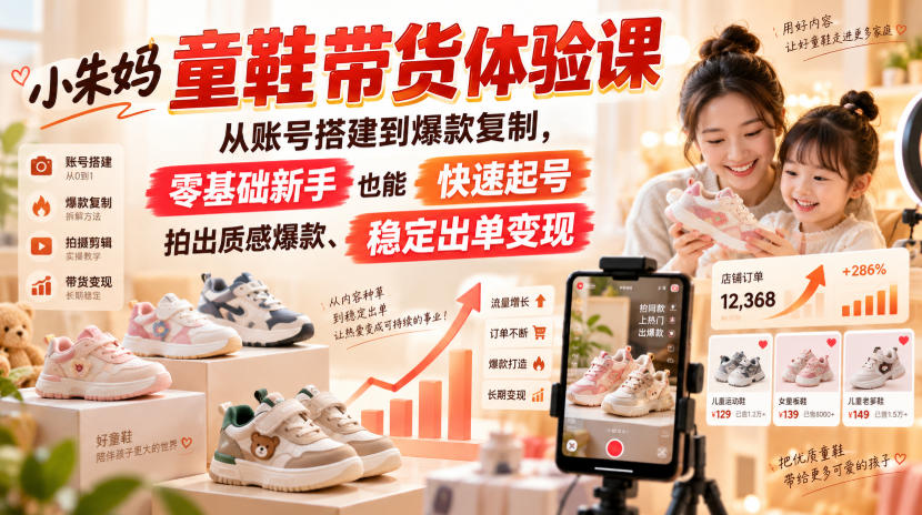 小朱妈童鞋带货体验课，从账号搭建到爆款复制，零基础新手也能快速起号、拍出质感爆款、稳定出单变现-985网创